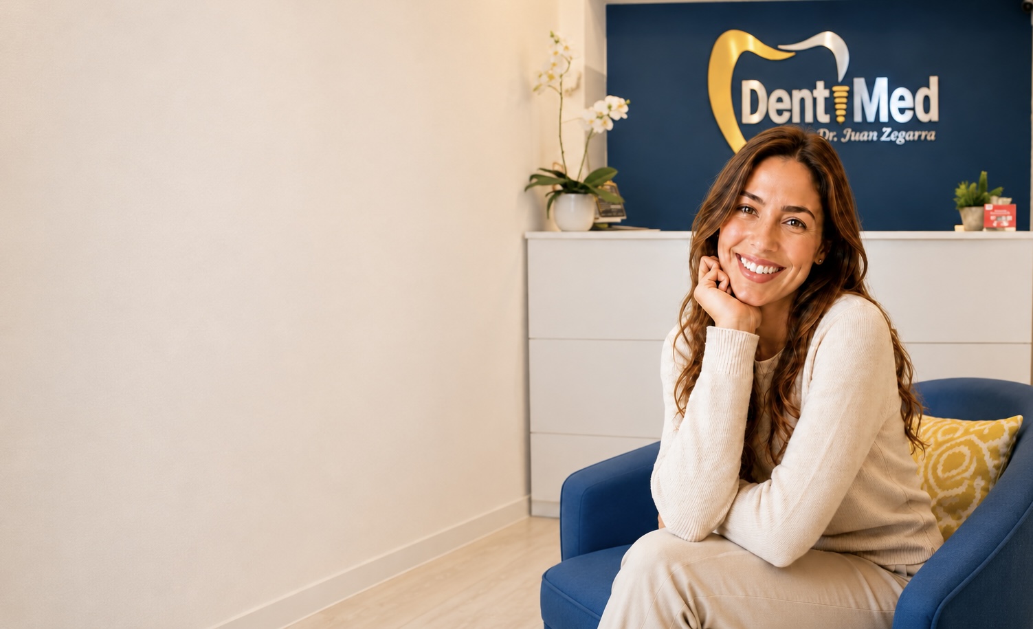 Paciente sonriendo en la recepción de DentiMed